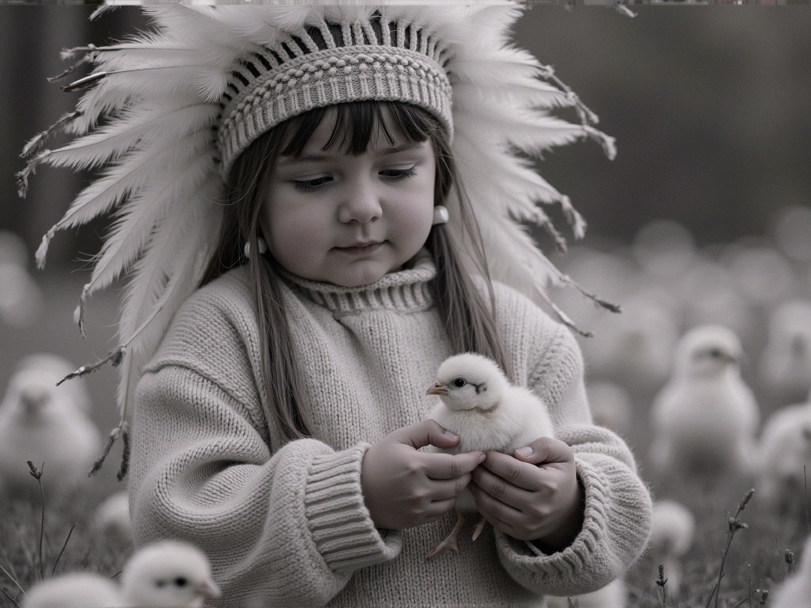 Child in Feathered Headdress Holding a Chick