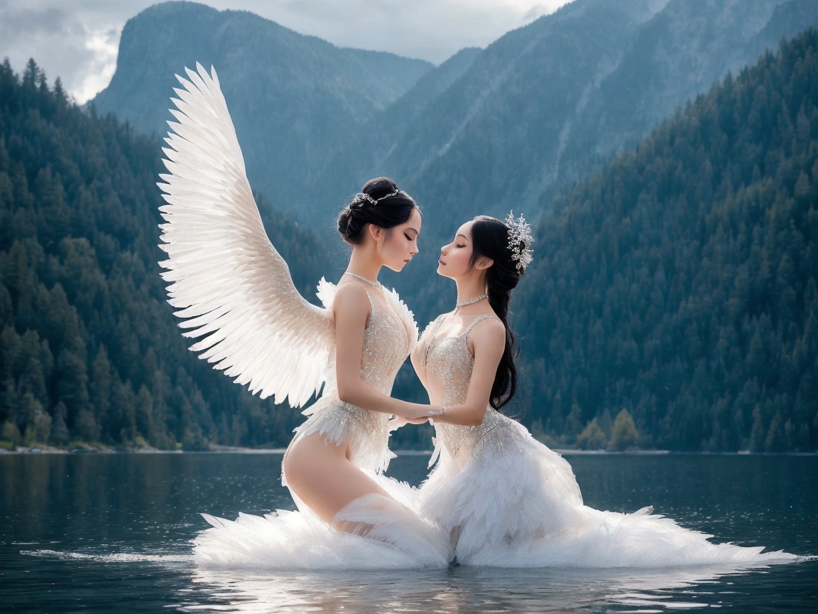 Ethereal Figures in a Serene Mountain Landscape