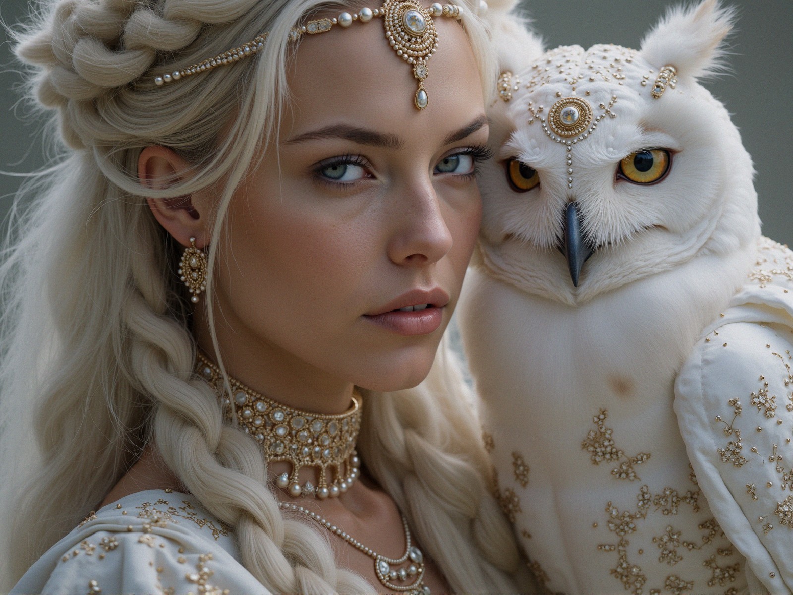 Regal woman with platinum hair and majestic owl