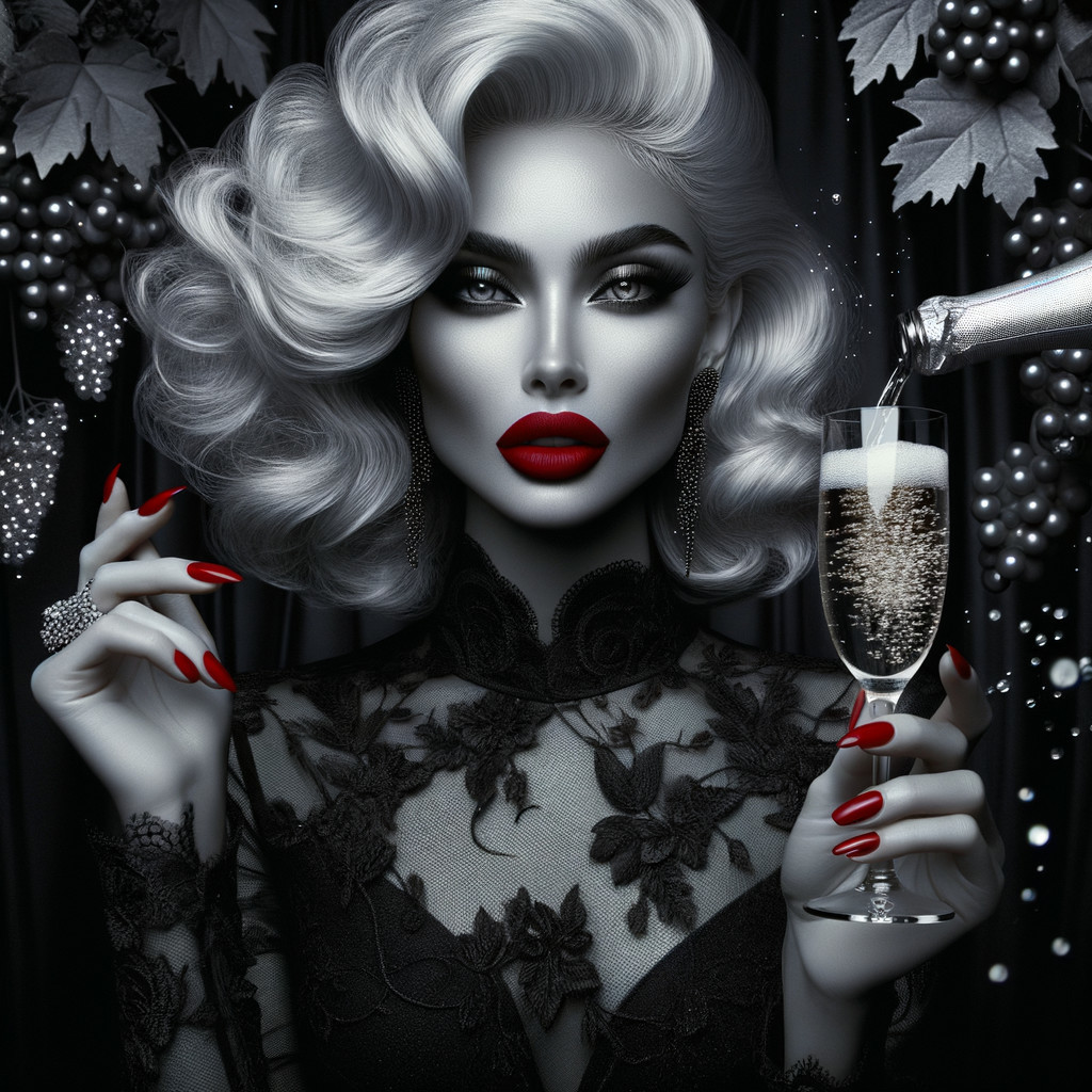 Elegant Woman with Silver Hair and Black Lace Outfit