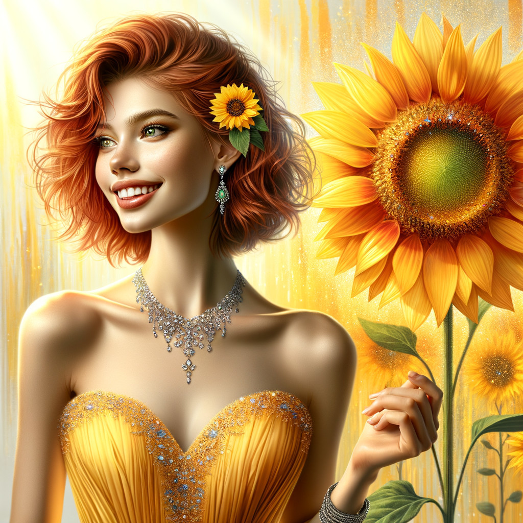 Vibrant Scene of a Woman in Yellow Gown with Sunflowers
