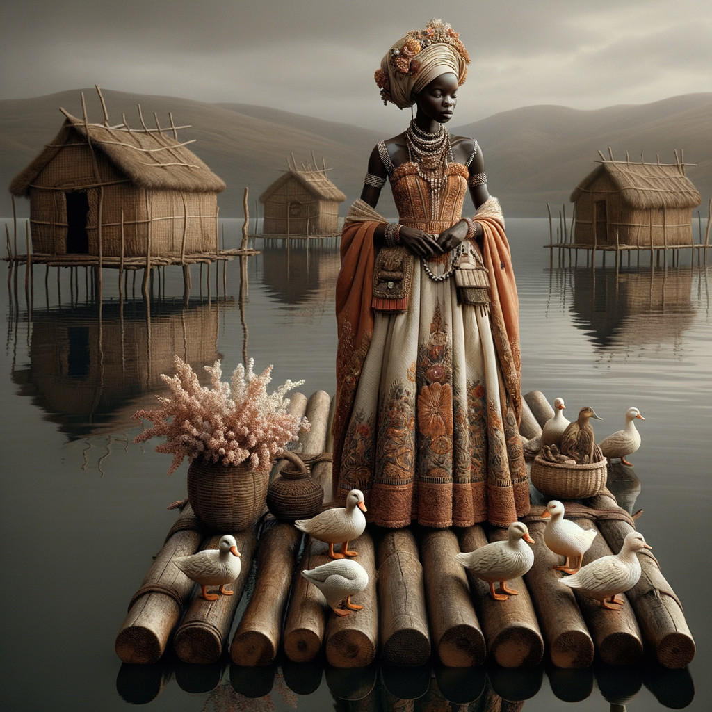 Regal Figure in Vibrant Gown on Calm Waters Raft