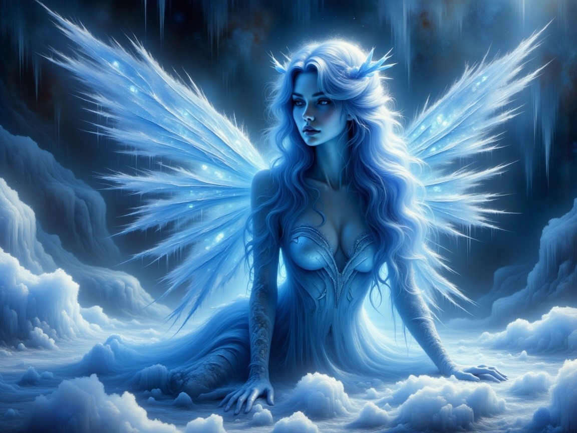 Ice-Themed Fairy in a Snowy Landscape Setting