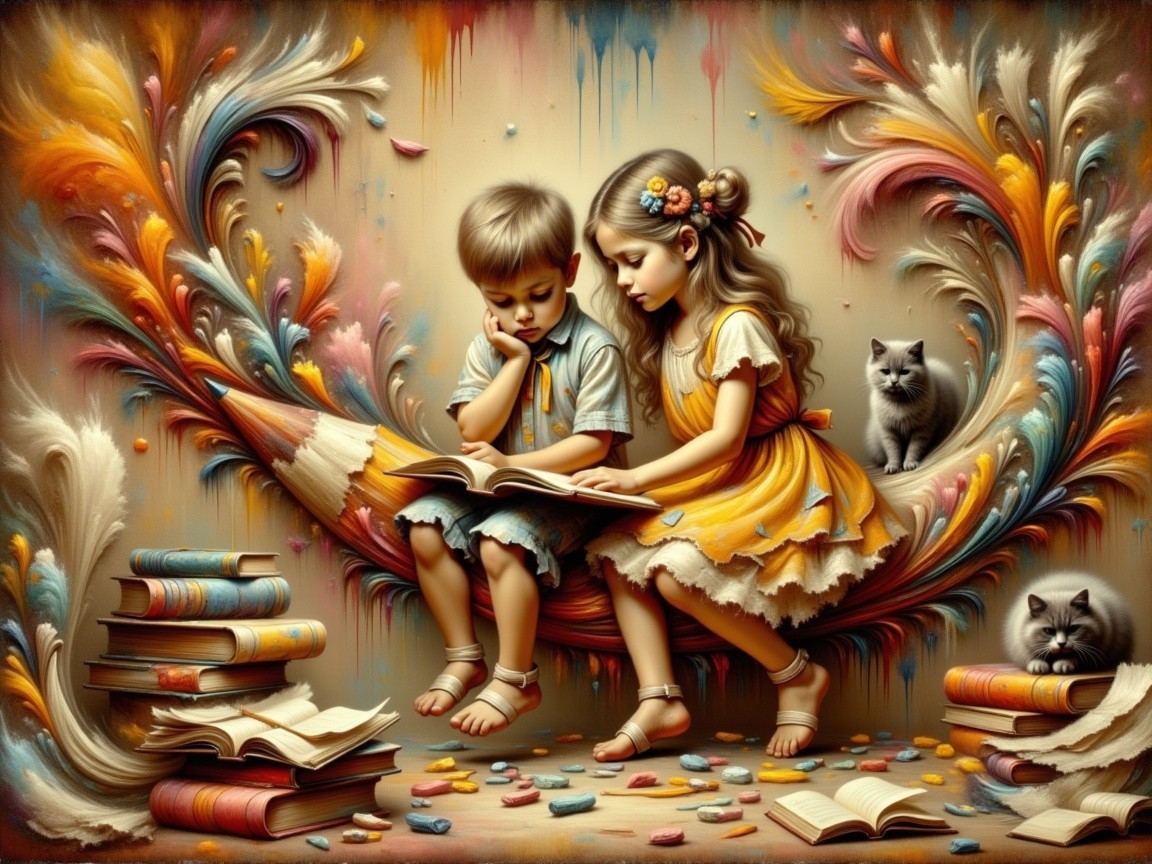 Children on Oversized Pencil in Whimsical Scene