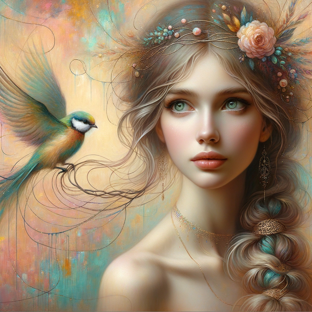 Mystical Portrait of a Young Woman with Flowers and Bird