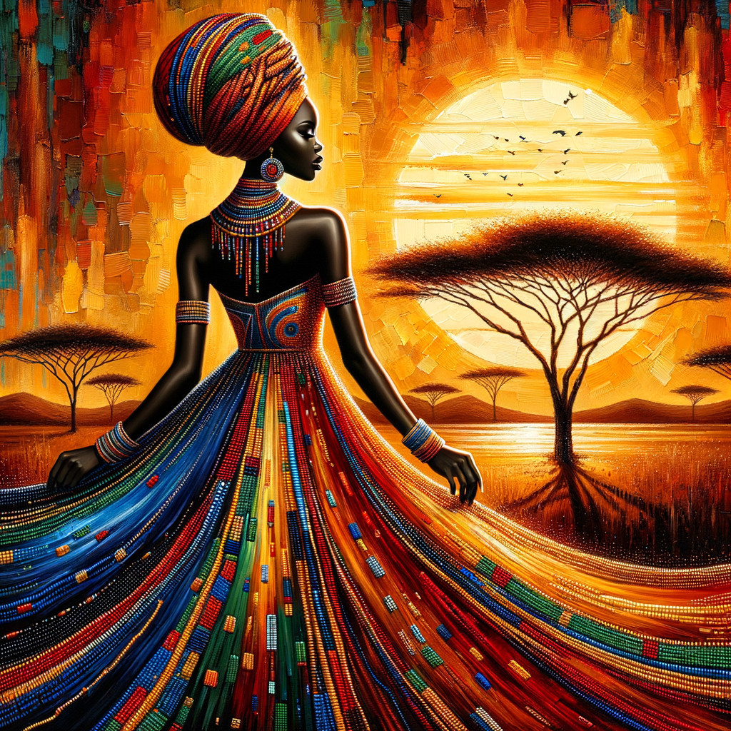 Silhouette of a Woman in Colorful Dress at Sunset