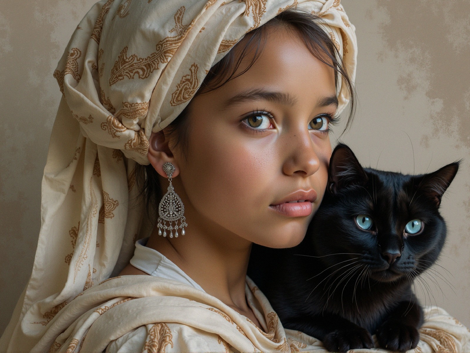 Portrait of a girl with a cat and patterned headscarf
