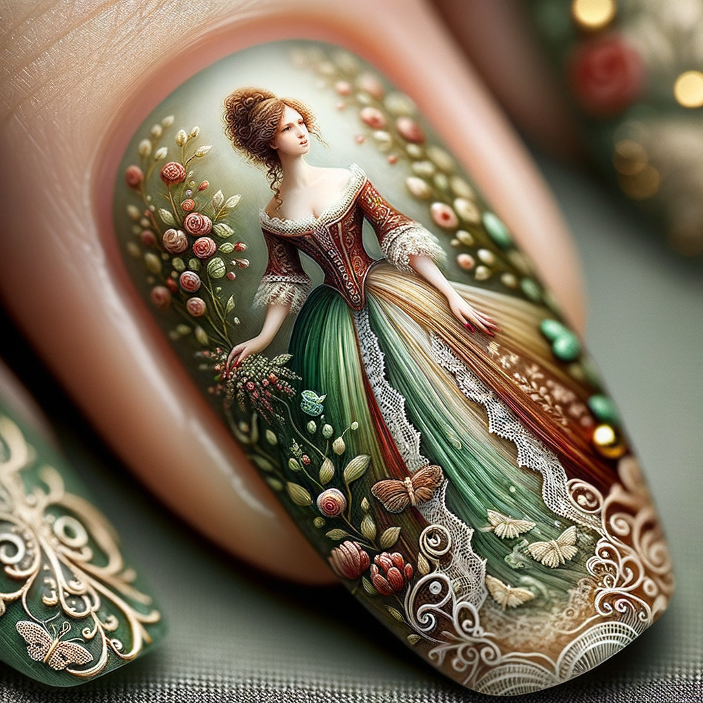 Elegant Nail Art with Floral Gown and Whimsical Details