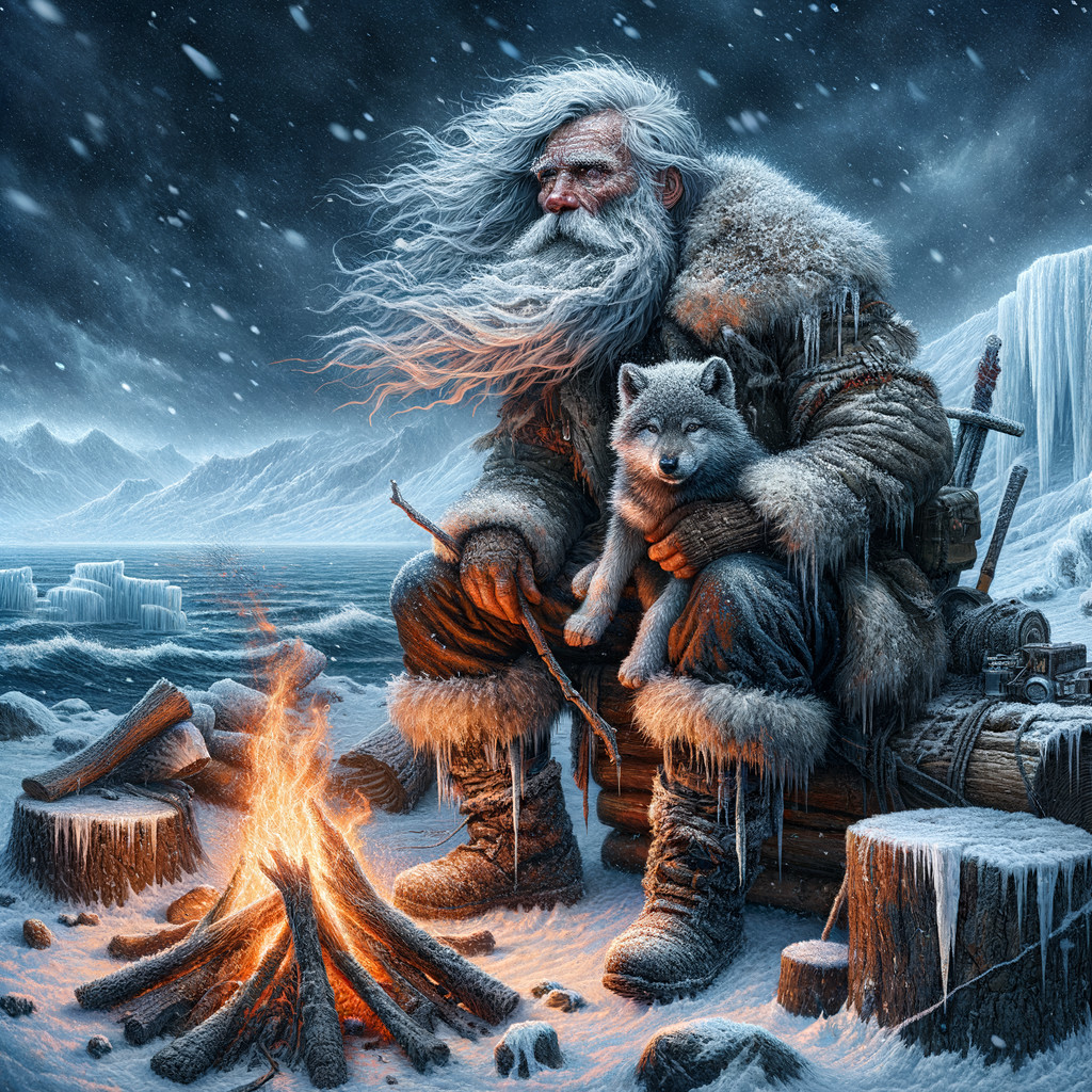 Old Man by Campfire in Snowy Landscape with Wolf