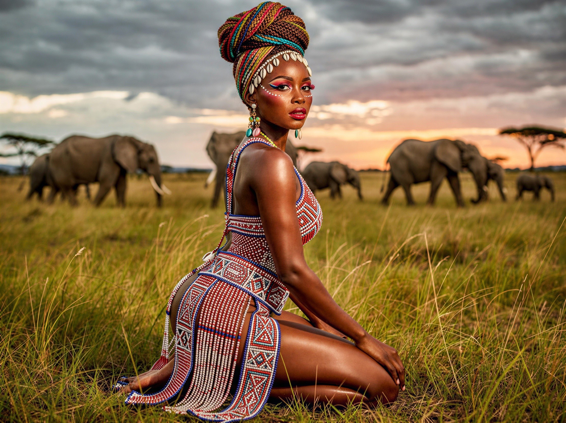 Dark-Skinned Woman in Traditional Beaded Outfit in Savanna