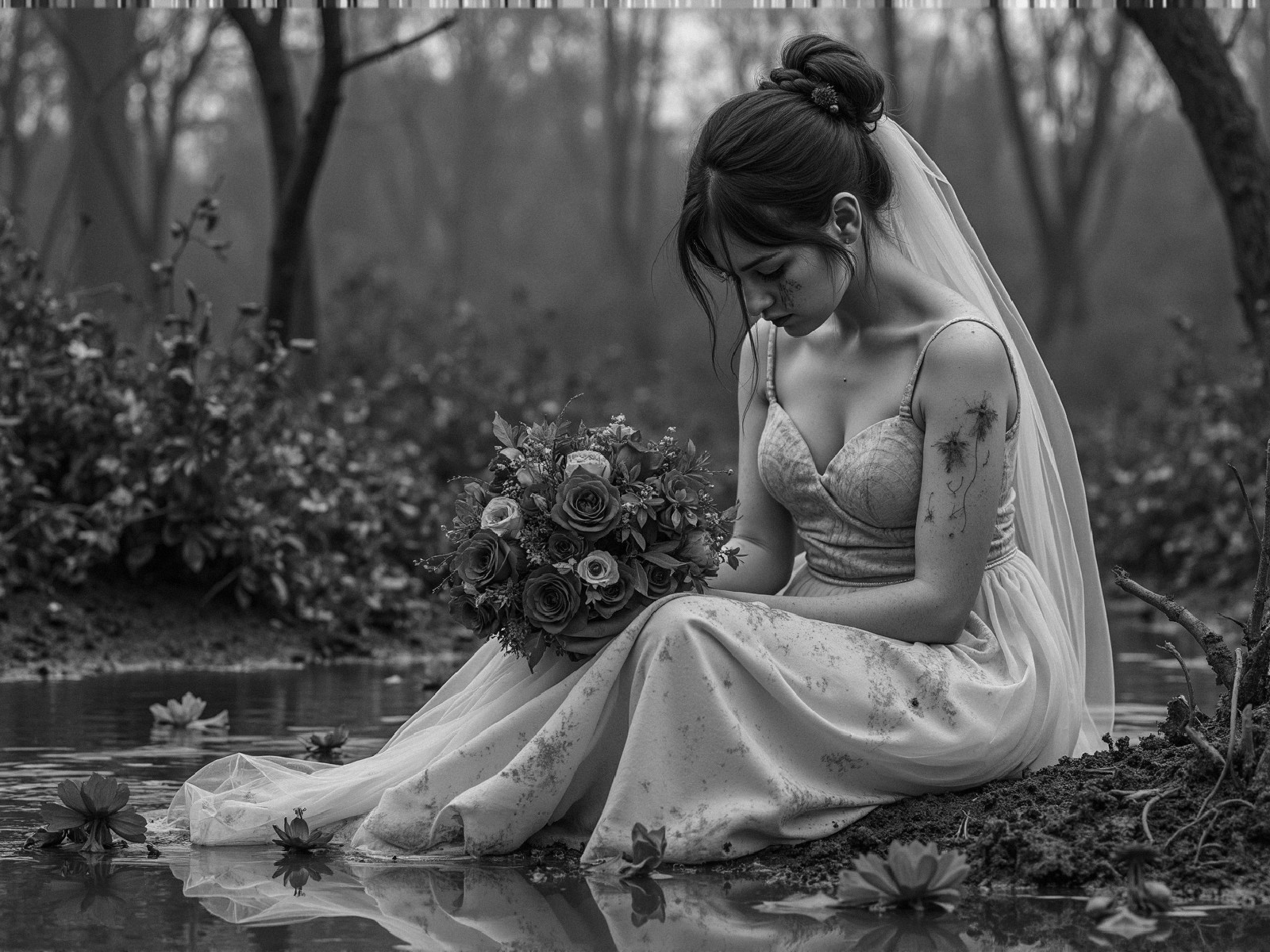 Melancholic Bride by a Still Pond in Nature