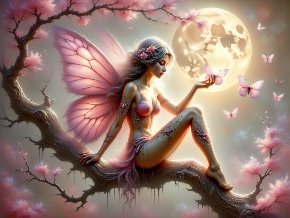 Delicate fairy with pink wings on a blossoming branch