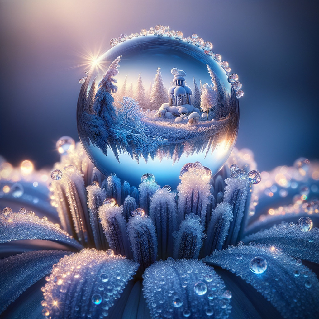Frosted Flower with Reflective Droplet in Winter Scene
