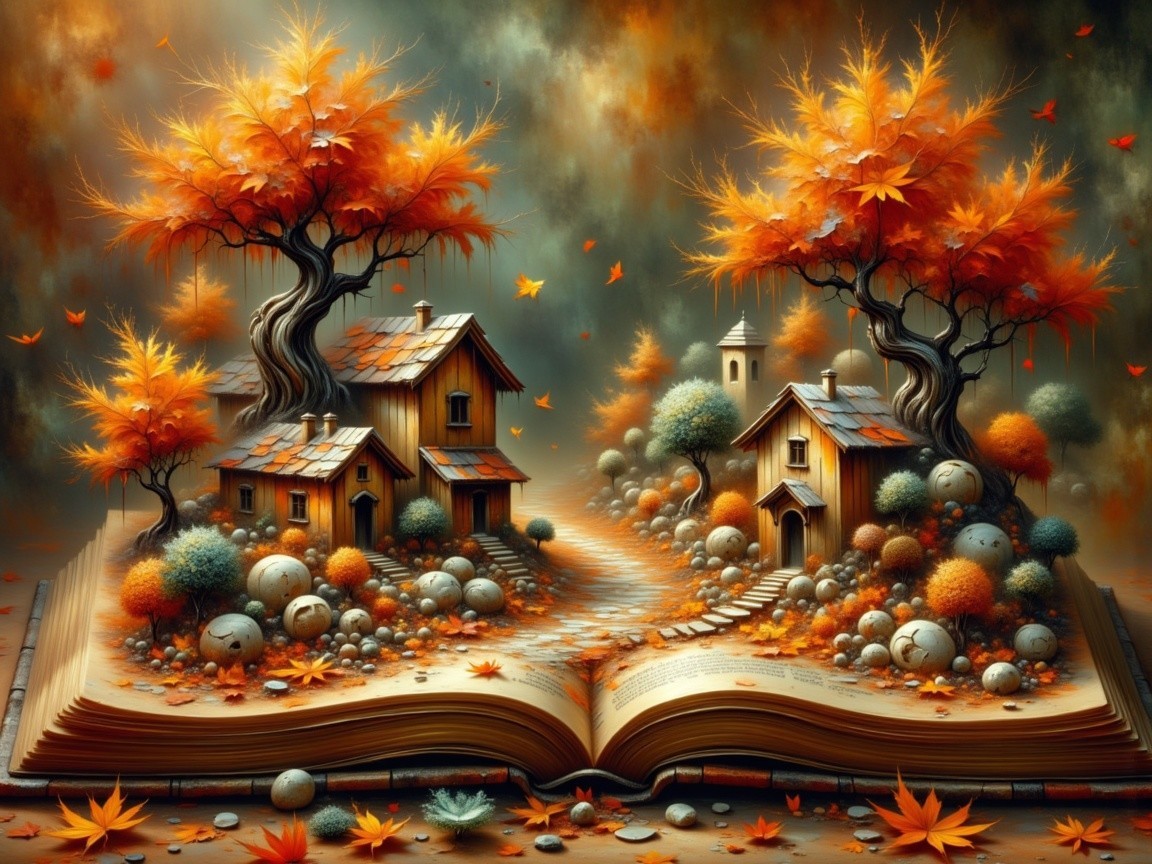 Whimsical Cottages in an Autumn Landscape Illustration