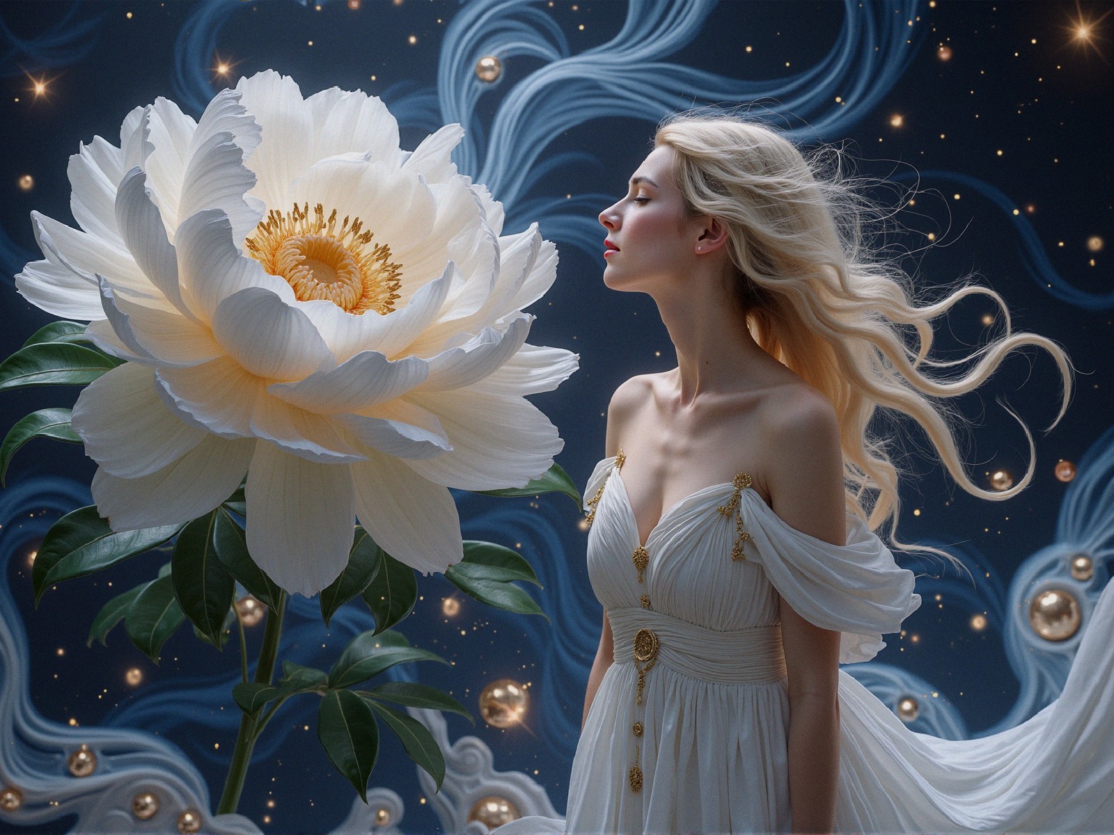 Ethereal Scene of Woman with Luminous White Peony