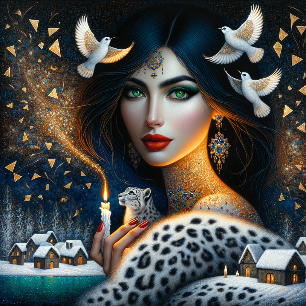 Beautiful woman in winter landscape with doves and candle