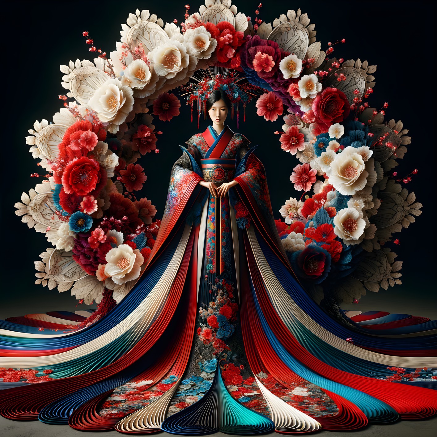 Traditional Kimono Surrounded by Vibrant Floral Arrangement