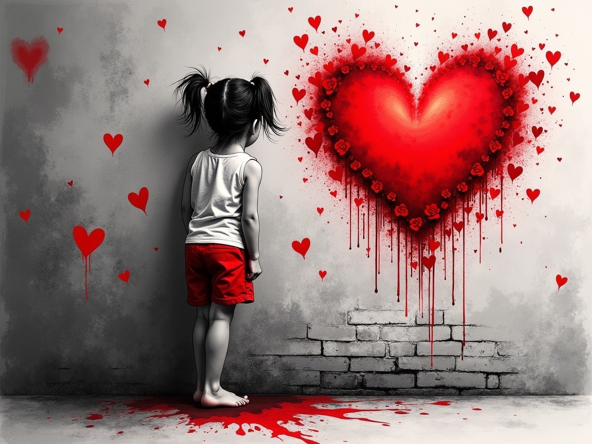 Young girl observing a red heart mural on a wall
