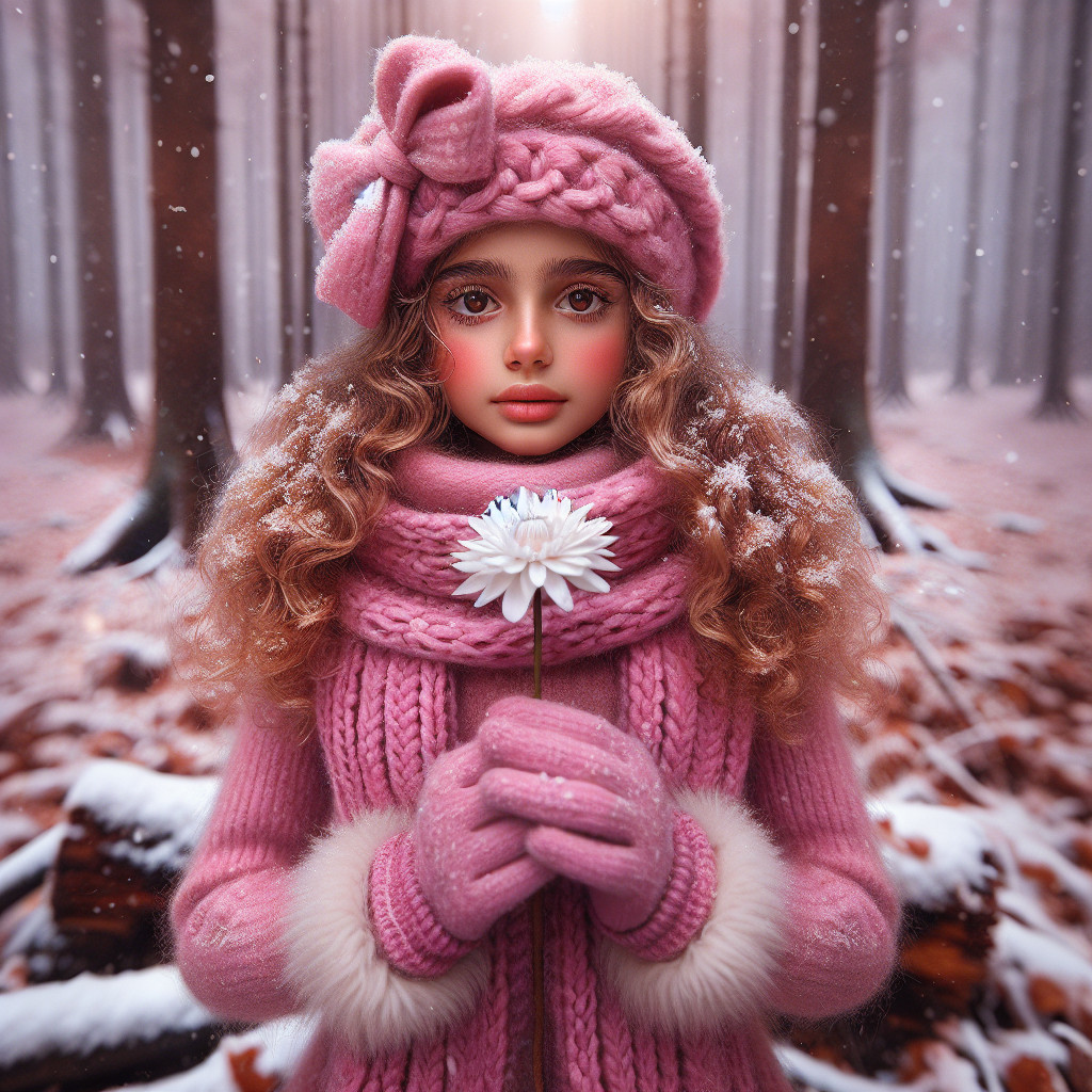 Young girl in snowy forest with pink sweater and flower