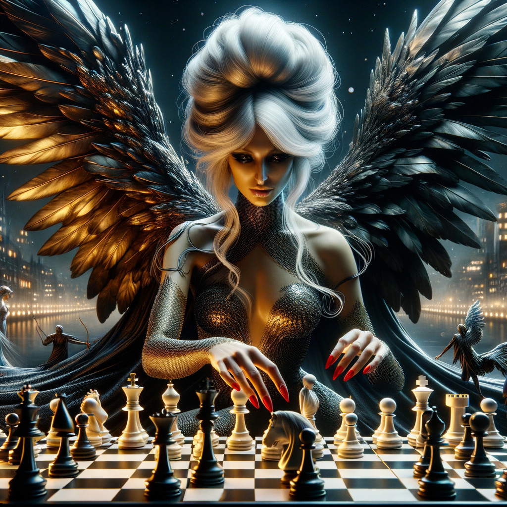 Mystical Figure Playing Chess in Enchanting Setting