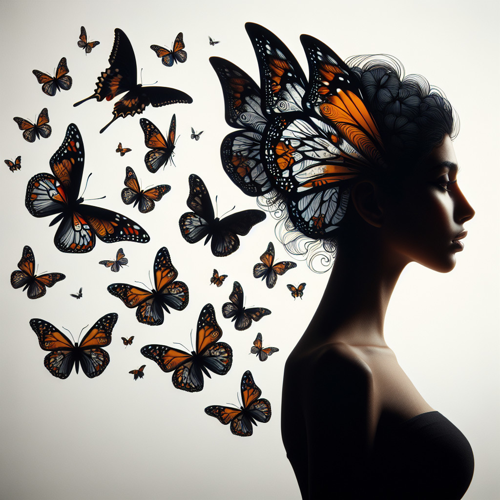 Silhouette of a Woman with Butterfly Wings and Monarchs