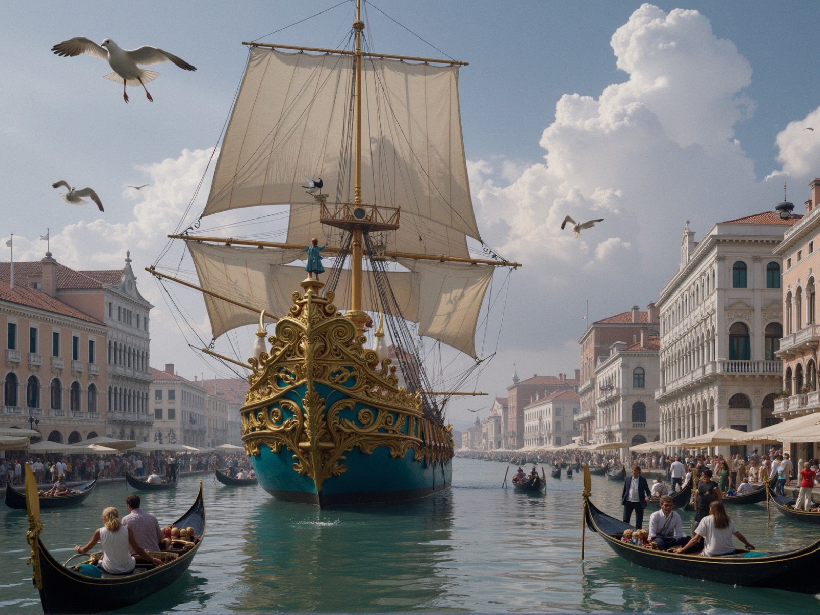 Tall Ship Sailing in Venice Canal with Gondolas