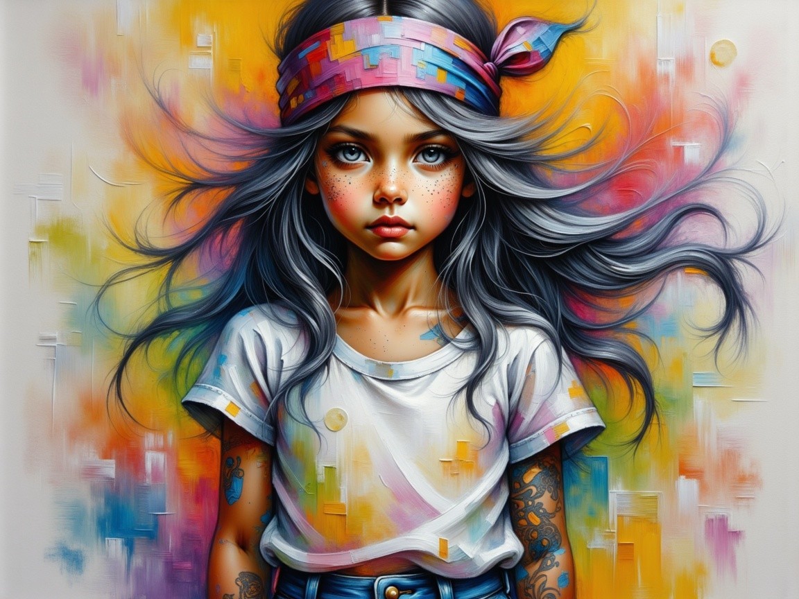 Young girl with tattoos and colorful background