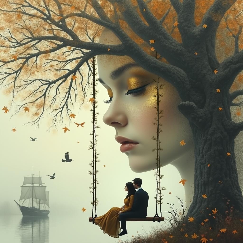 Surreal Scene of Tree Face and Couple on Swing