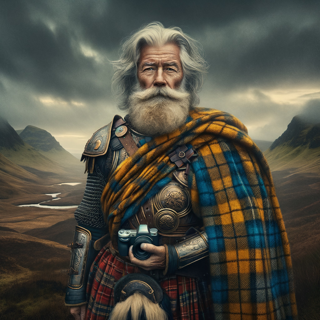 Rugged warrior in armor with vintage camera in landscape