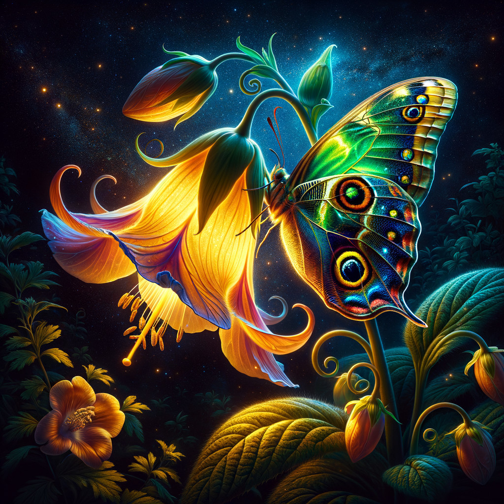 Colorful Butterfly on Luminous Flower in Starry Scene