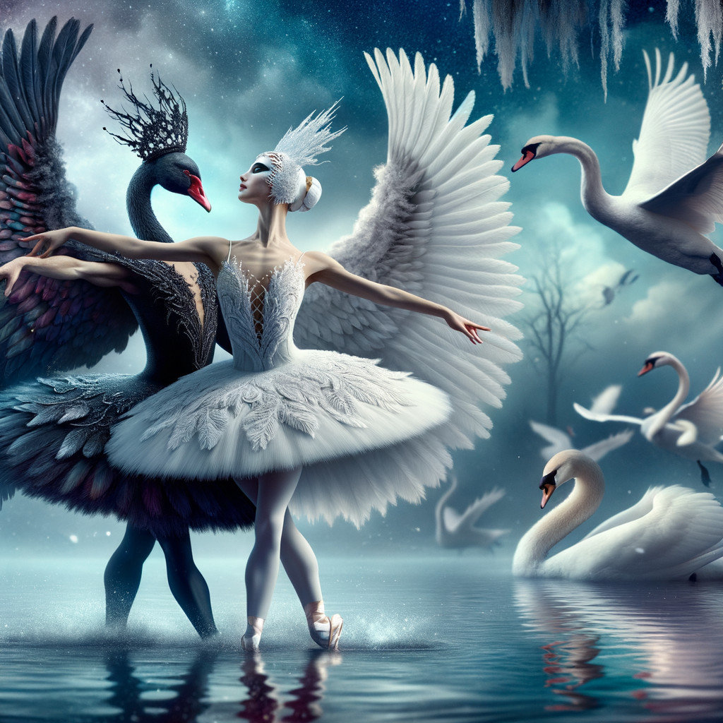 Dancer in Tutu and Partner Amidst Ethereal Swans