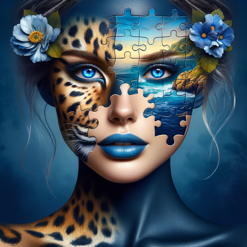 Vibrant Blue Face with Leopard Patterns and Ocean Scene