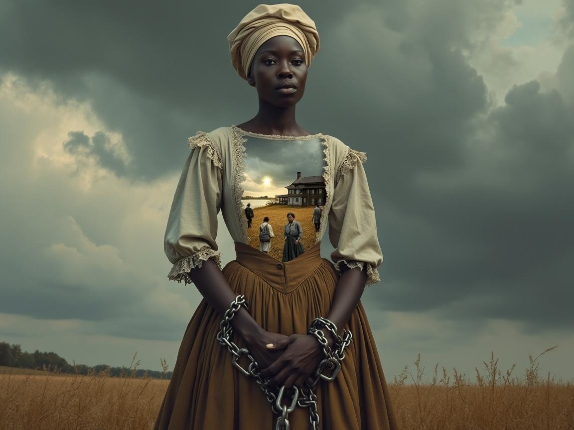 Historical Attire with Landscape and Symbolic Elements