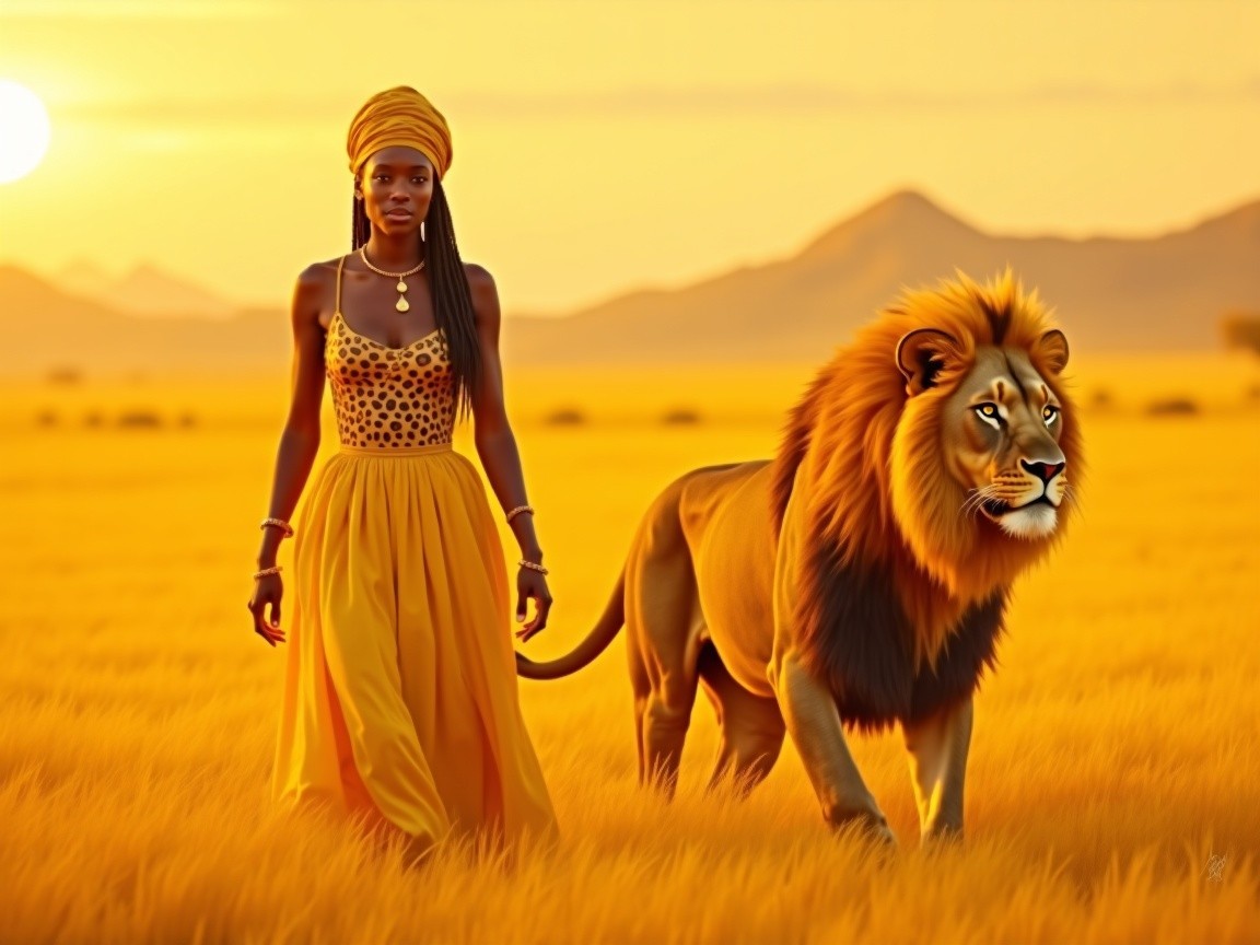Woman in Yellow Gown with Lion in Golden Savanna