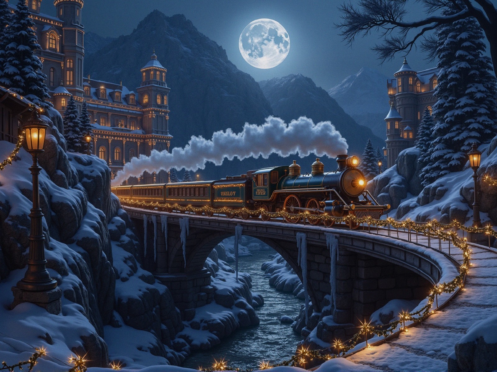 Vintage steam train on a stone bridge at night