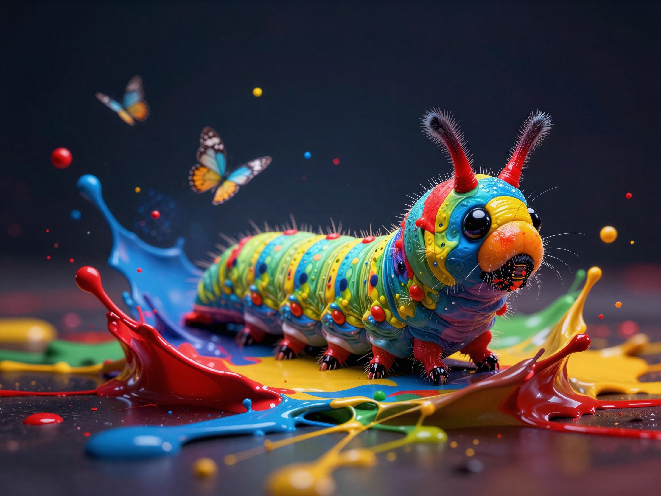 Colorful Cartoon Caterpillar Surrounded by Paint Splashes