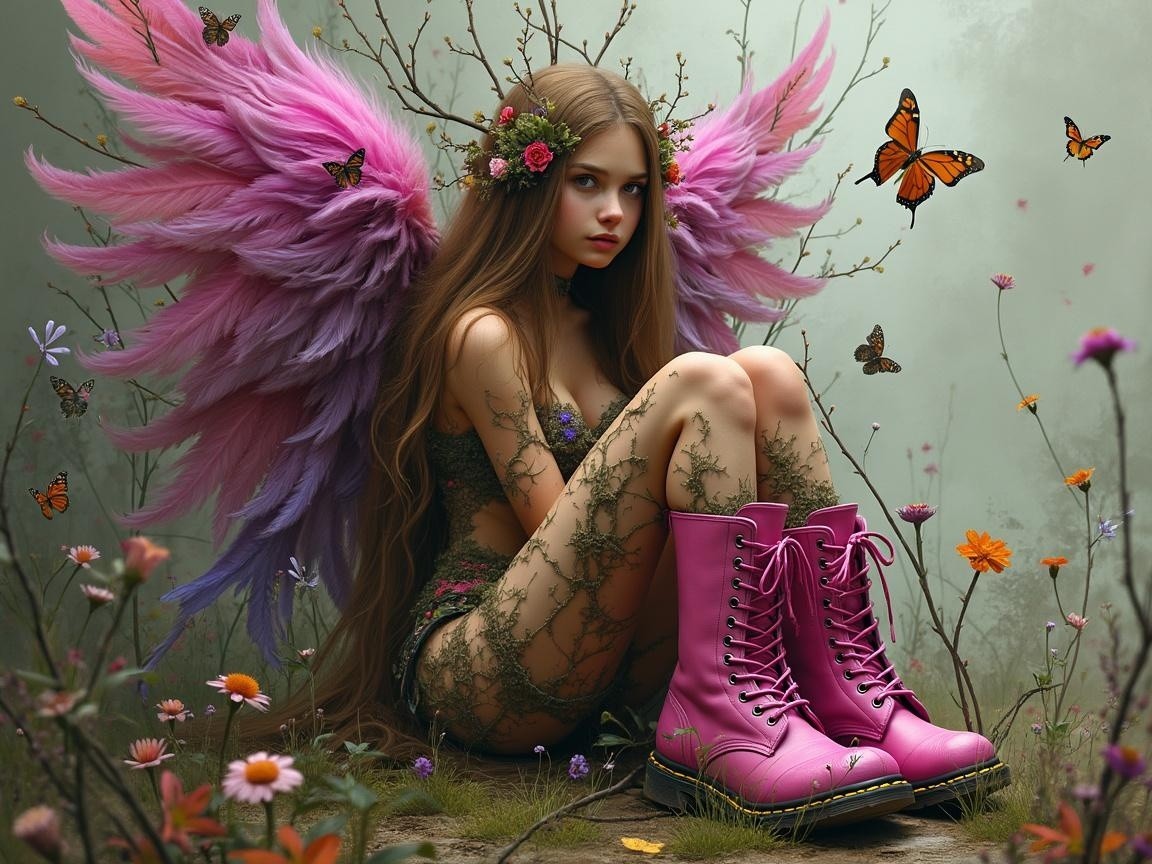 Whimsical Garden Scene with Girl and Pink Angel Wings