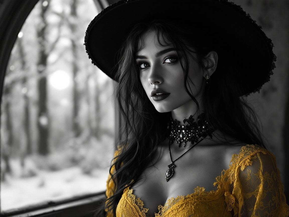 Portrait of a woman in yellow lace dress and hat