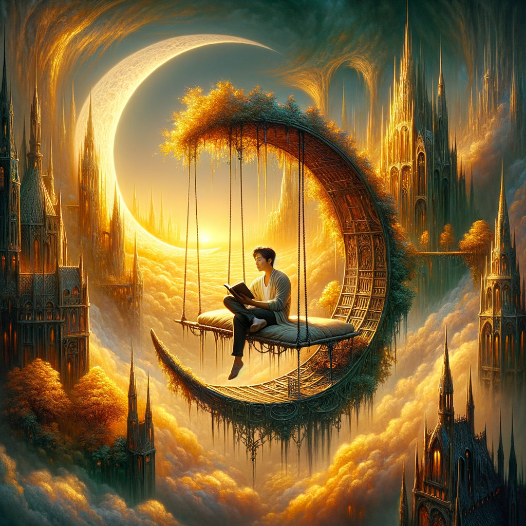 Young man reading on a crescent moon swing in clouds