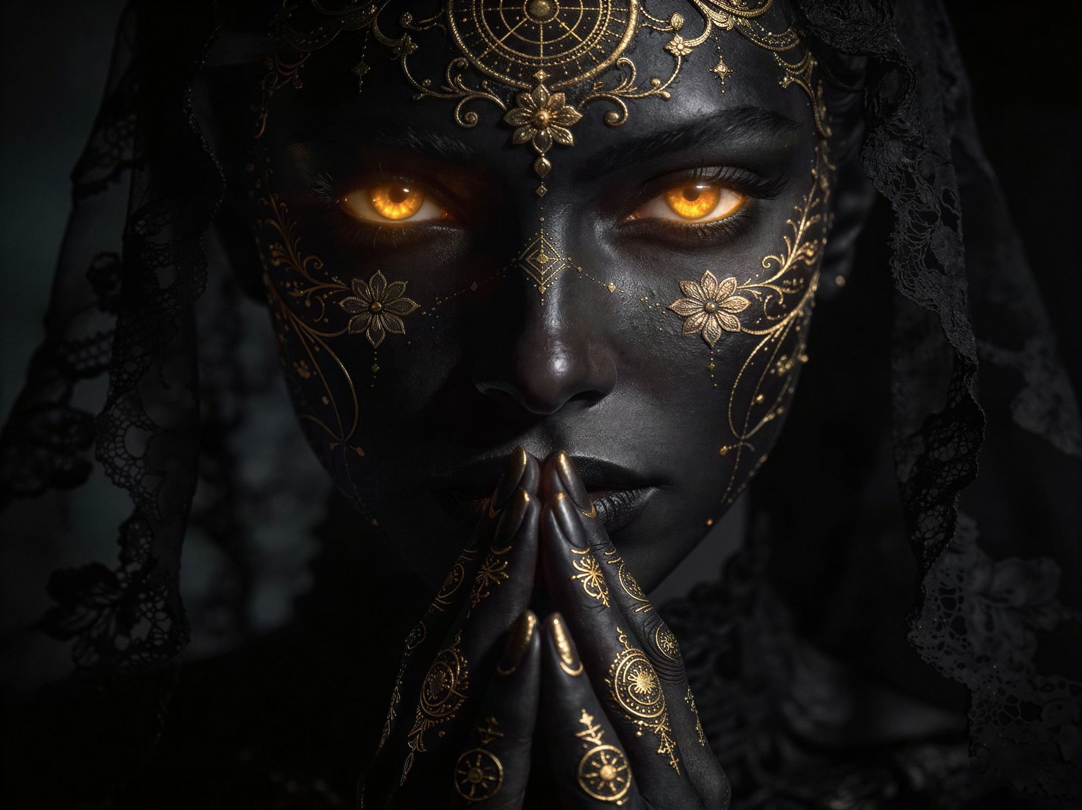 Dimly Lit Portrait of Woman with Gold Patterns