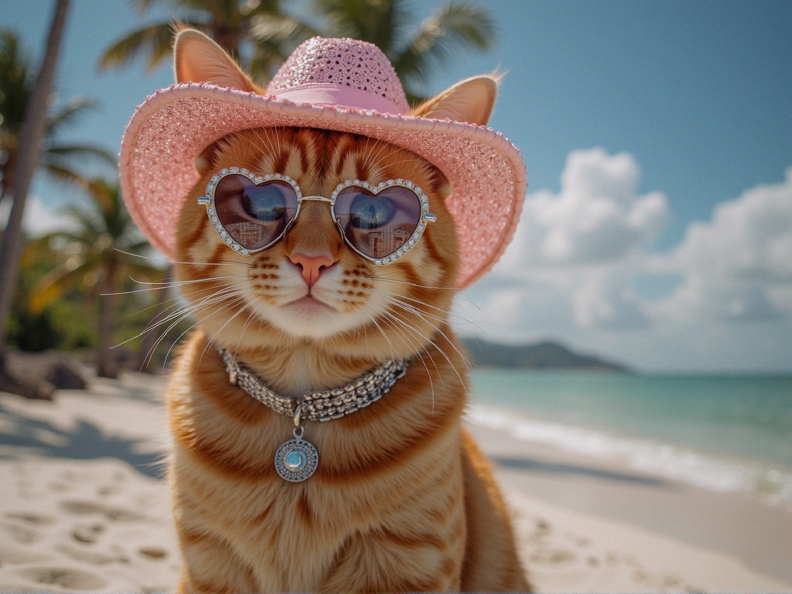 Ginger Cat in Pink Hat and Sunglasses at Beach