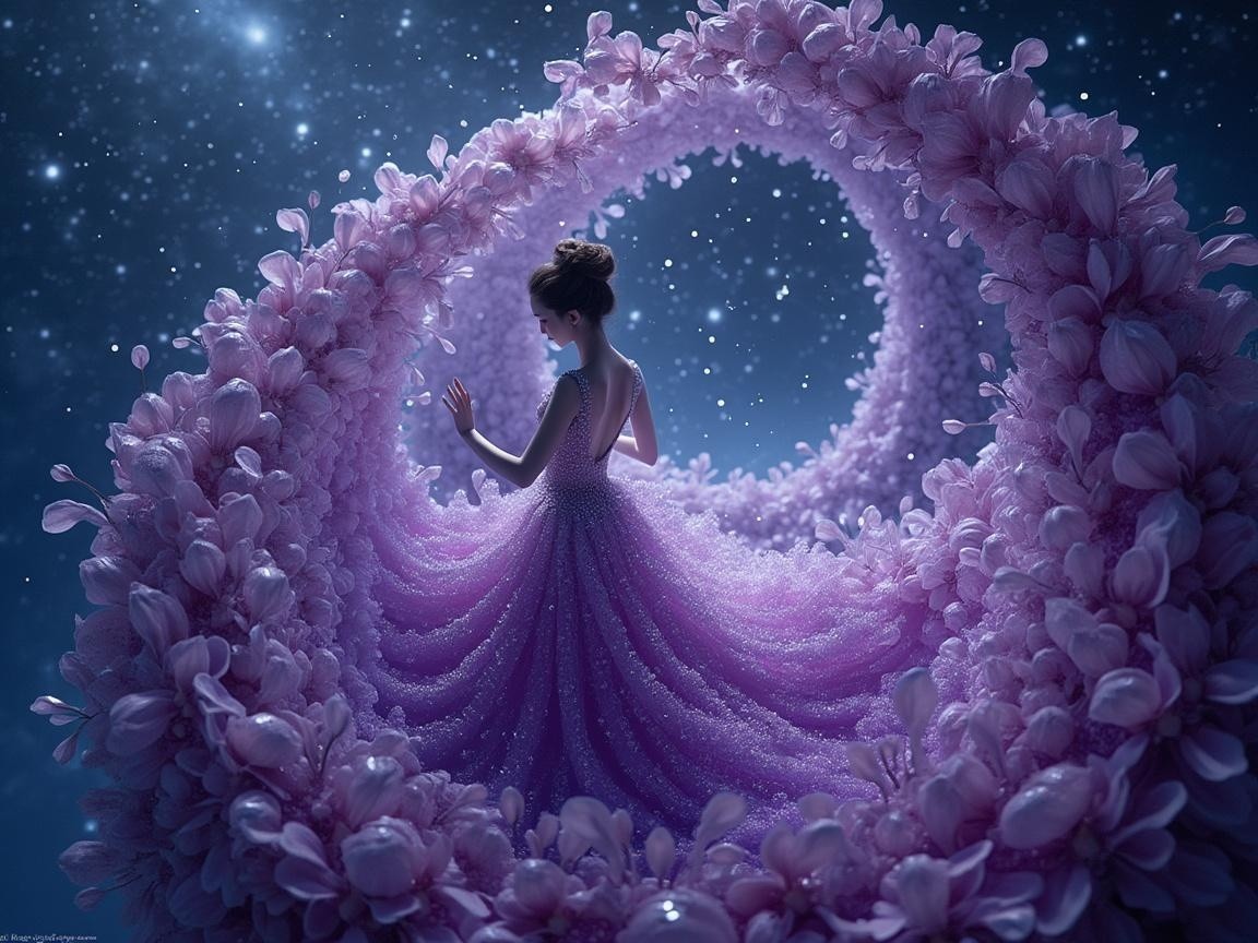 Elegant figure among swirling pink blossoms and stars