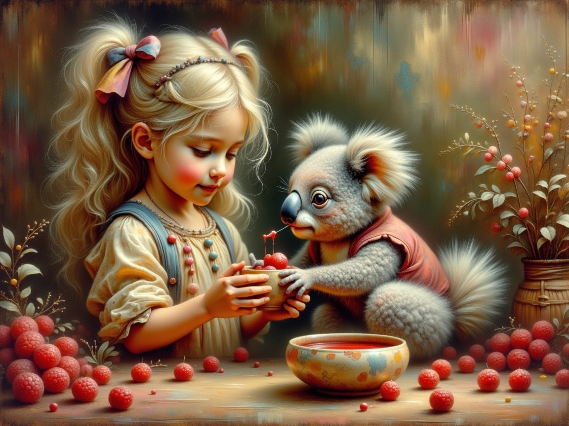 Young girl and koala share cherries in whimsical scene