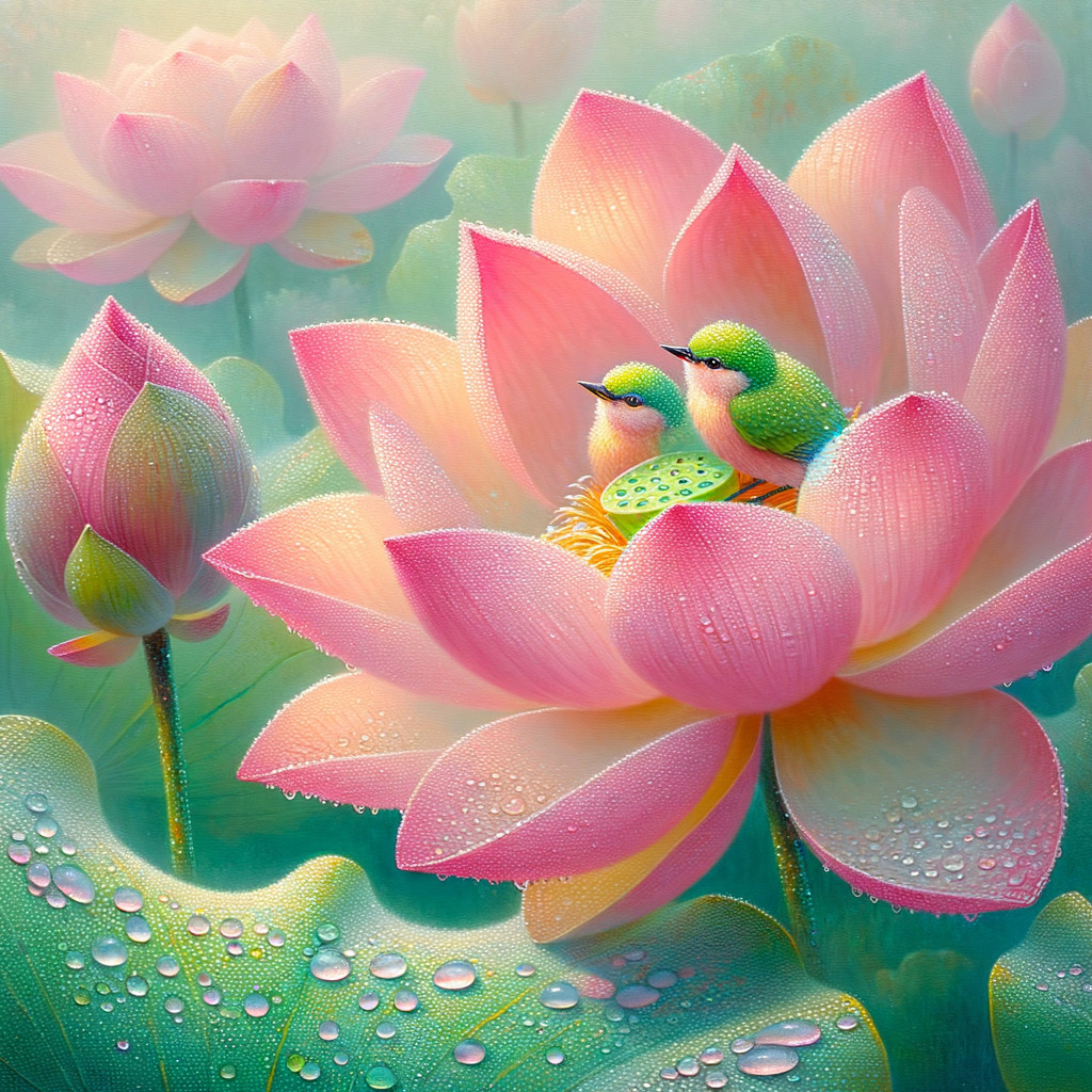 Small Birds Nestled in Pink Lotus Flower Scene