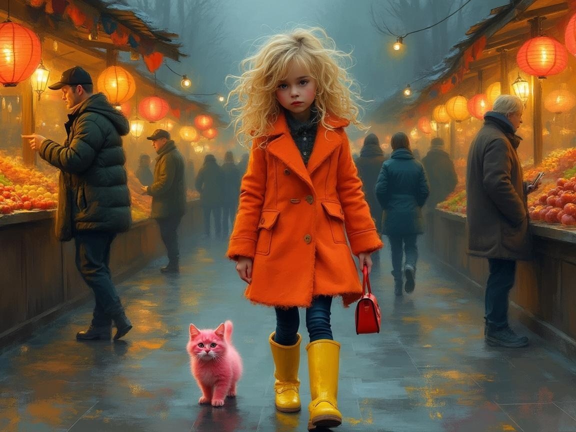 Young girl in orange coat at lively market scene
