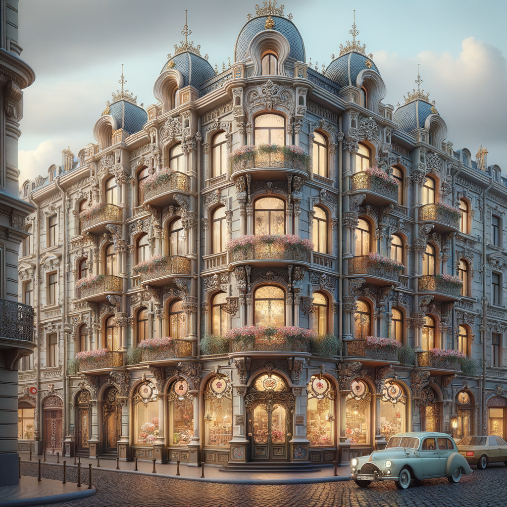 Ornate Building with Balconies and Vintage Car