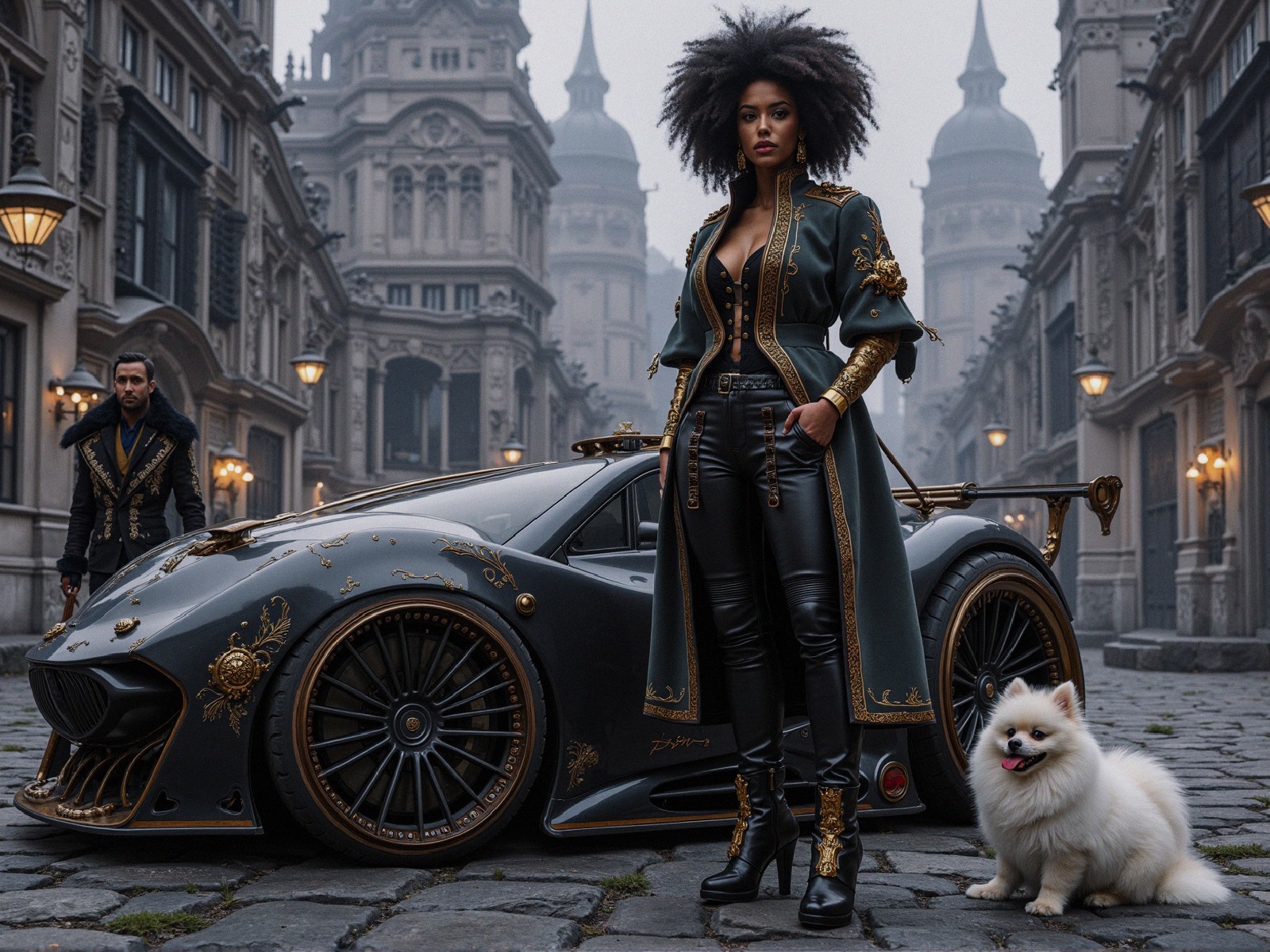 Stylish Woman with Dog Beside Intricate Car in Foggy City