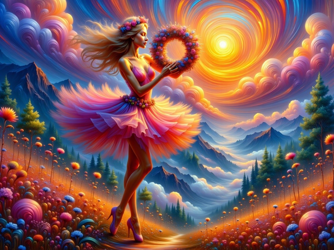 Whimsical Landscape with Figure in Pink Dress