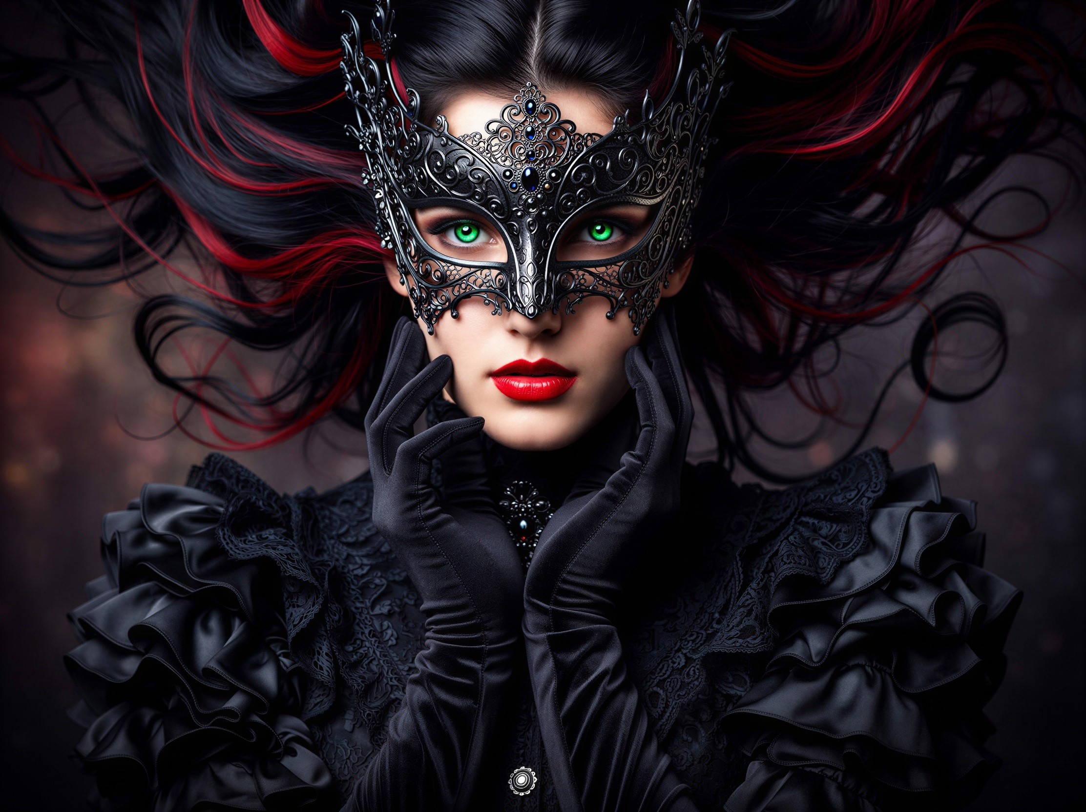 Gothic Woman in Black Masquerade Attire and Mask