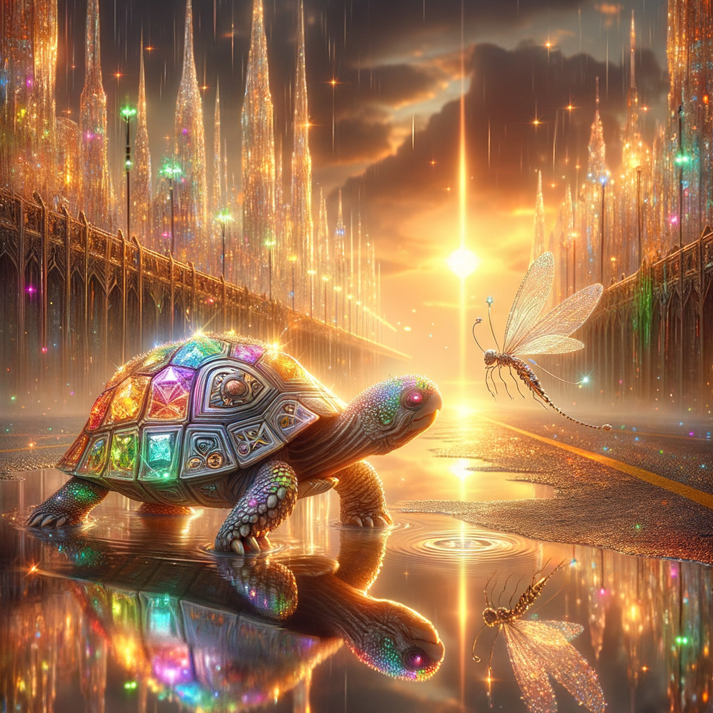 Jewel-Encrusted Turtle and Luminescent Butterfly Scene